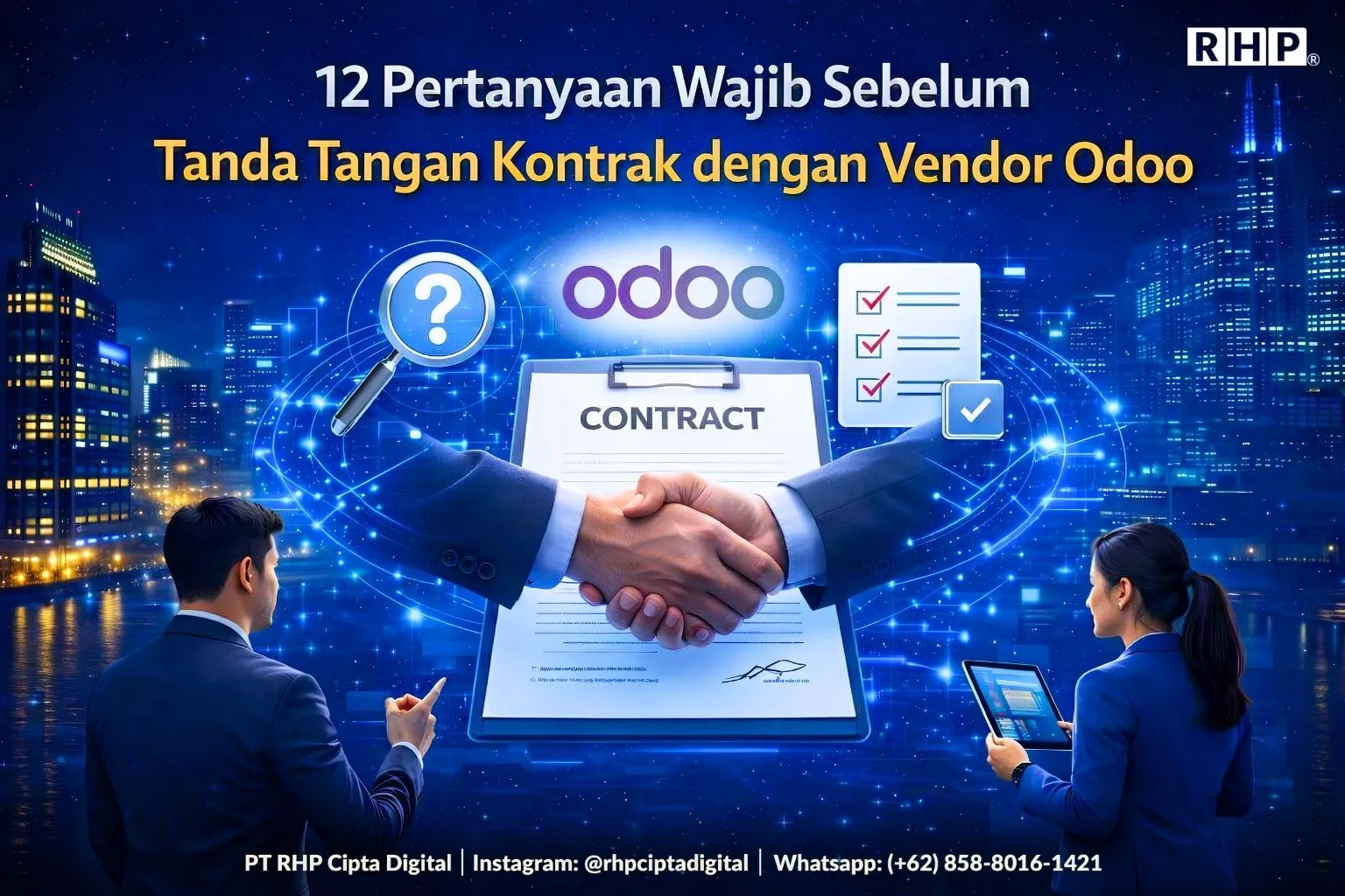 Ilustrasi penandatanganan kontrak dengan vendor Odoo disertai daftar pertanyaan