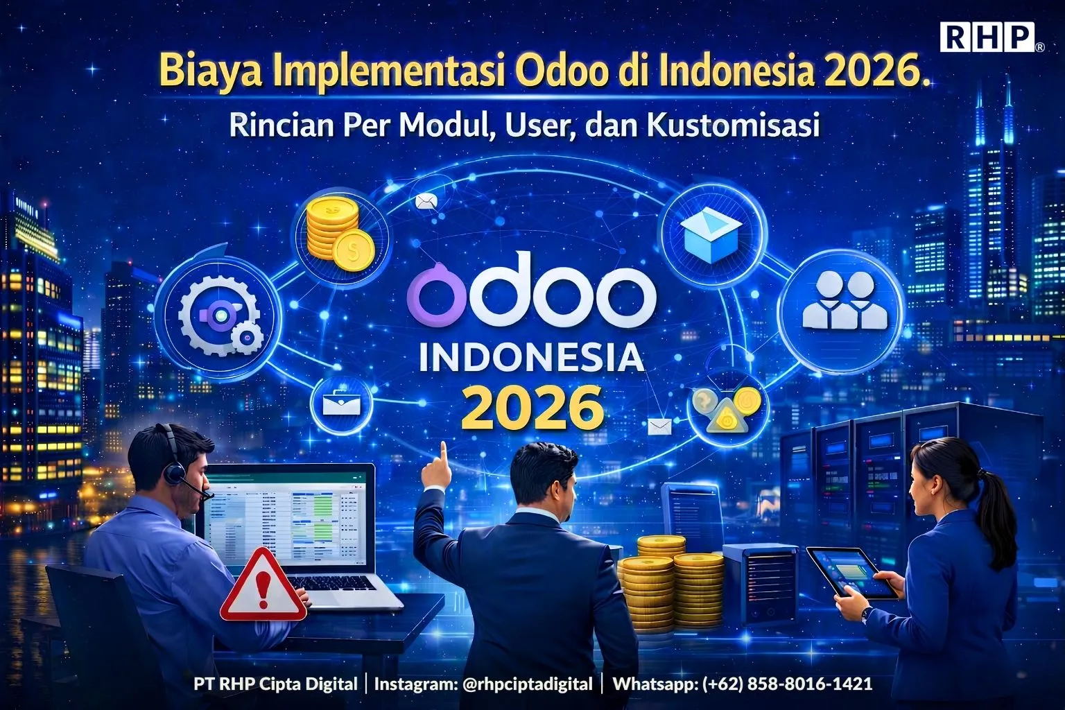 Ilustrasi komponen biaya implementasi Odoo di Indonesia per modul, user, dan kustomisasi