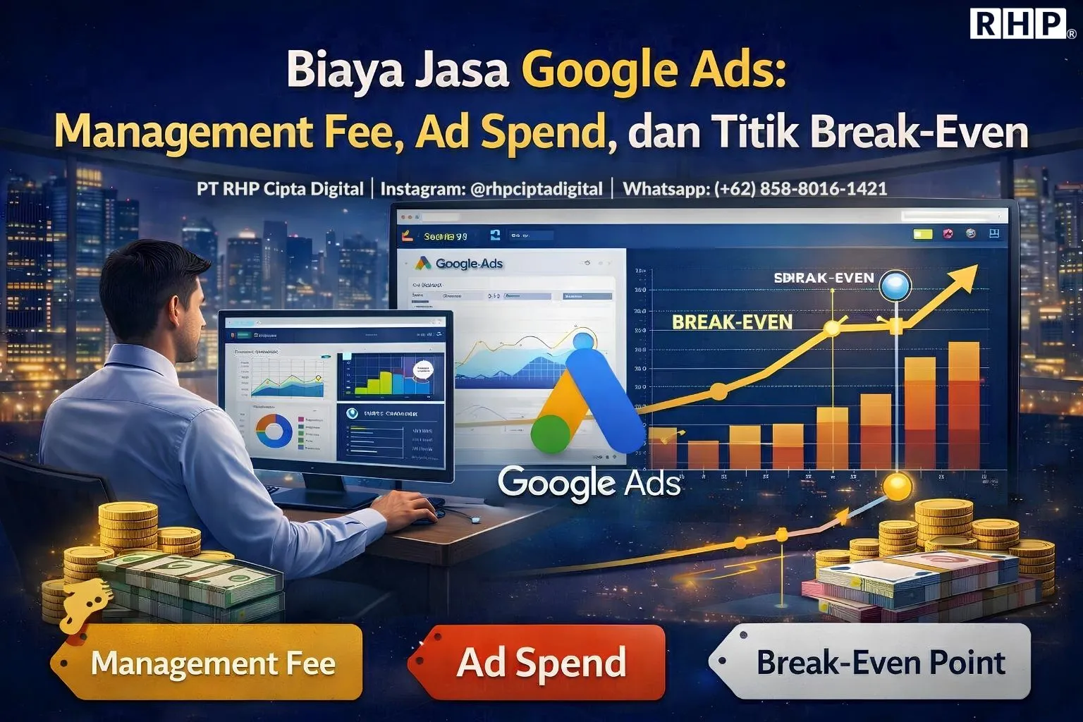 Ilustrasi grafik biaya jasa Google Ads dengan management fee, ad spend, dan titik break-even