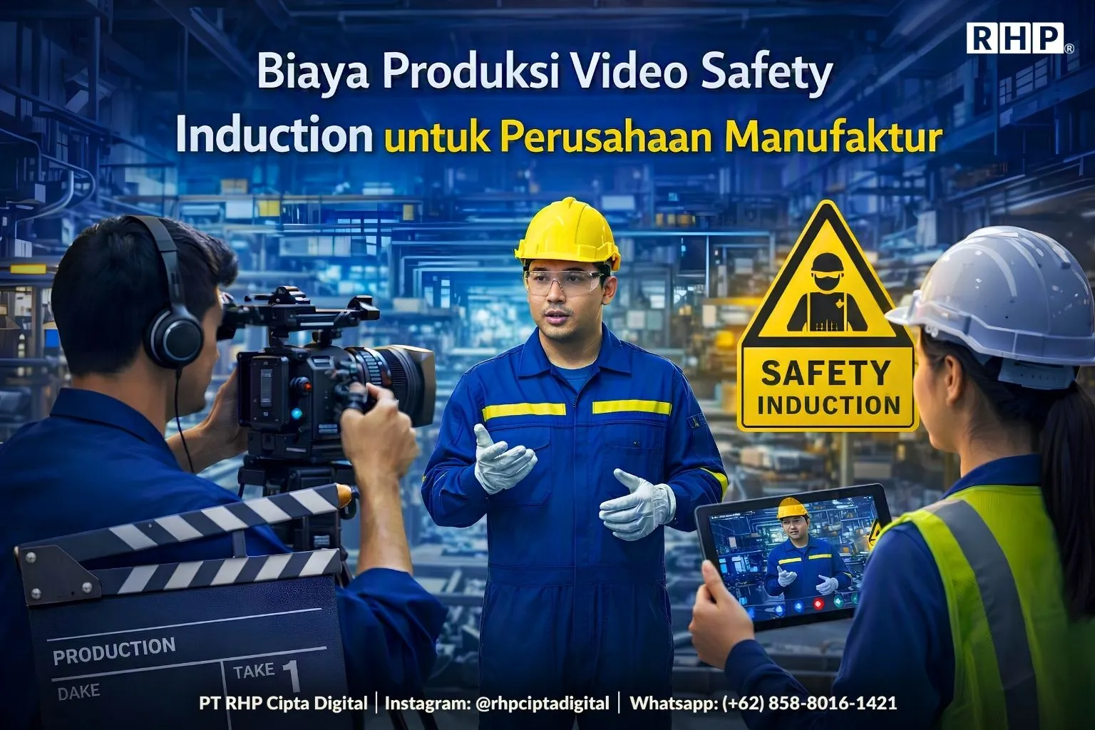 Ilustrasi produksi video safety induction di pabrik manufaktur dengan kru kamera dan pekerja berhelm