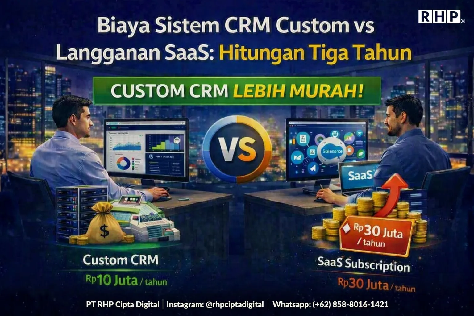 Ilustrasi perbandingan biaya CRM custom dan langganan CRM SaaS