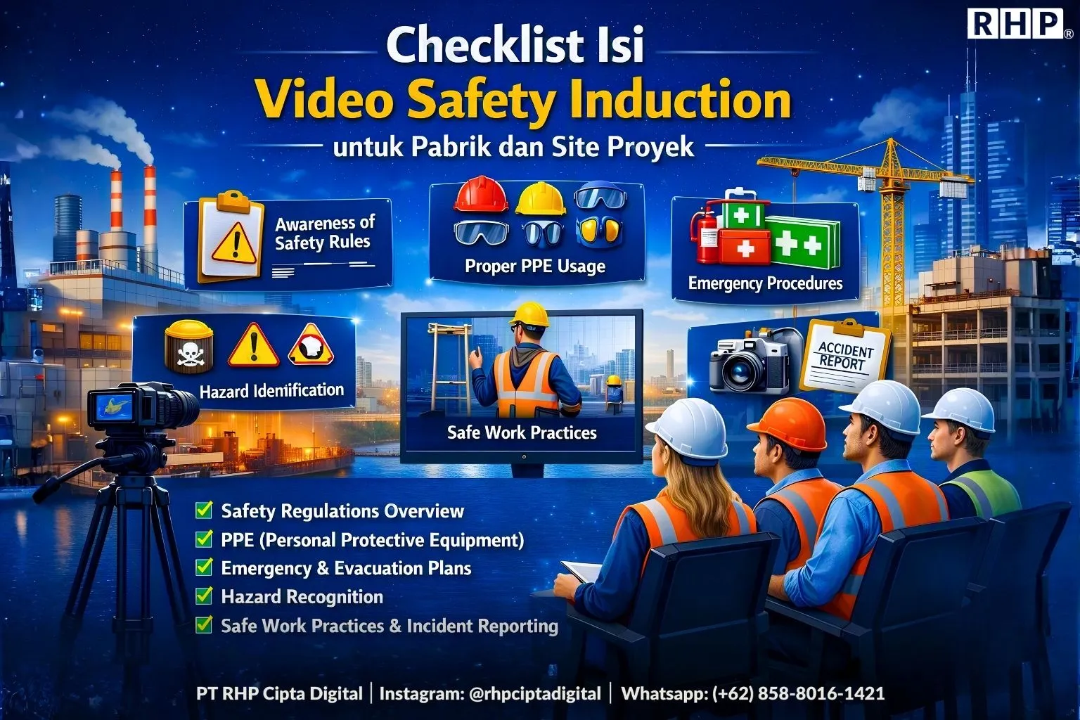 Ilustrasi checklist isi video safety induction untuk pabrik dan site proyek