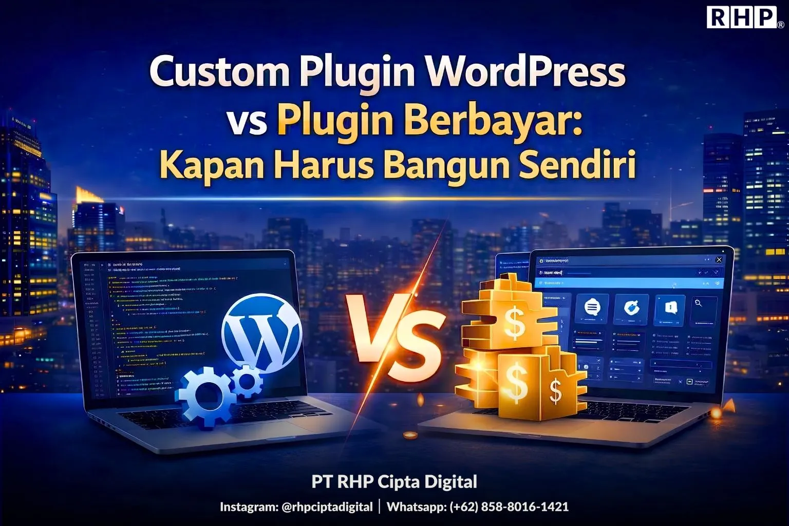 Custom Plugin WordPress vs Plugin Berbayar: Kapan Harus Bangun Sendiri Ilustrasi perbandingan custom plugin WordPress dan plugin berbayar