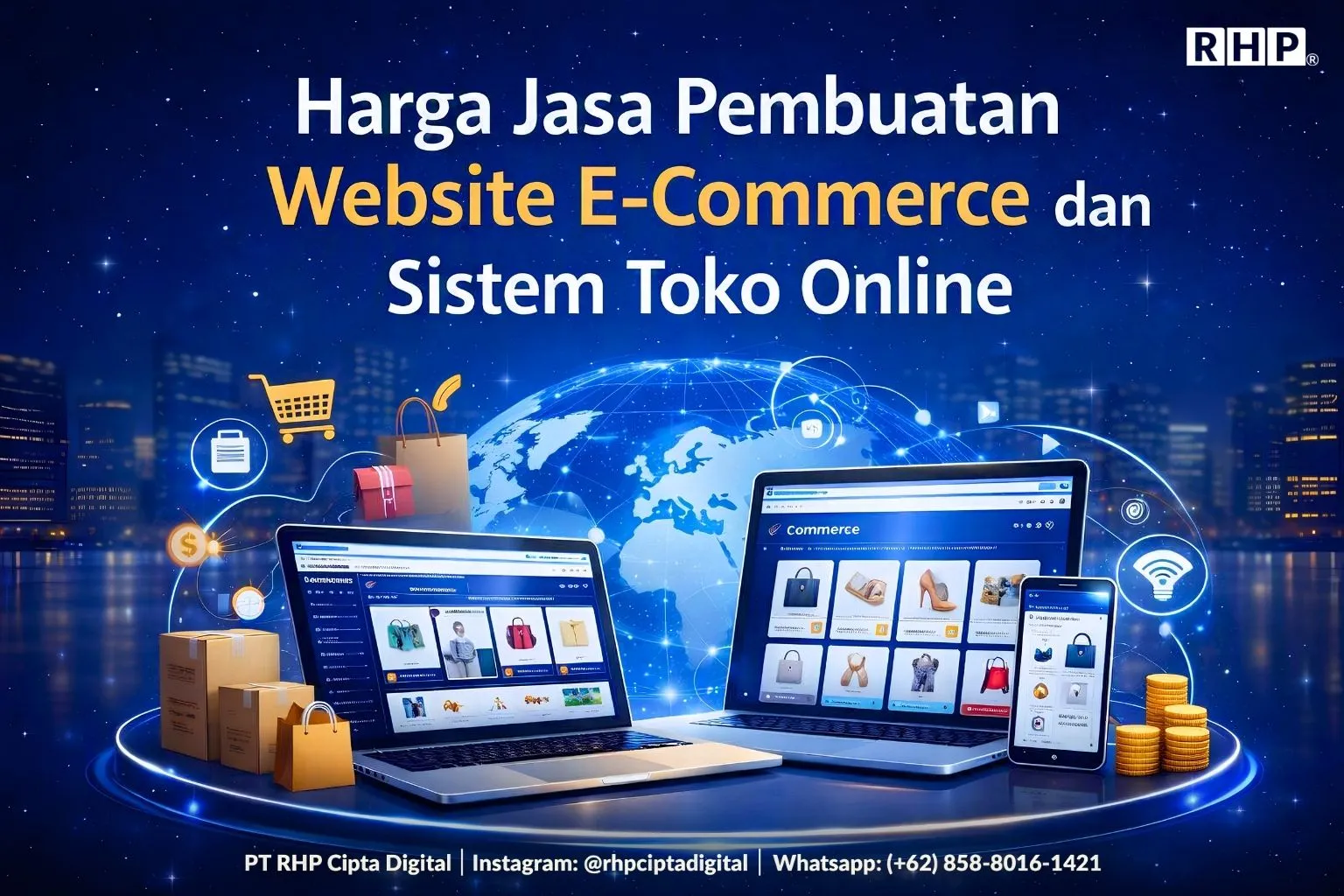 Ilustrasi website e-commerce dan sistem toko online di laptop dan ponsel
