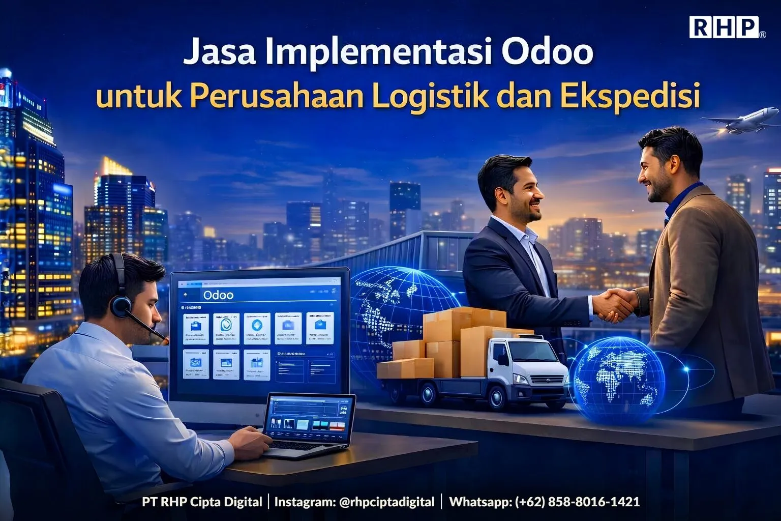 Ilustrasi implementasi Odoo untuk perusahaan logistik dan ekspedisi dengan armada truk pengiriman