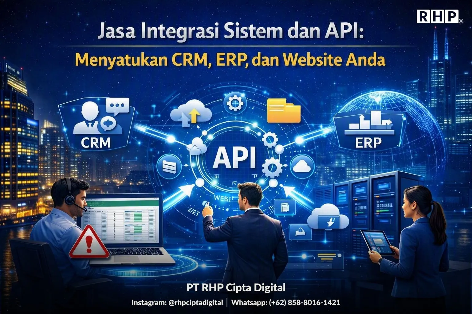 Jasa Integrasi Sistem dan API: Menyatukan CRM, ERP, dan Website Ilustrasi integrasi sistem dan API yang menghubungkan CRM, ERP, dan website