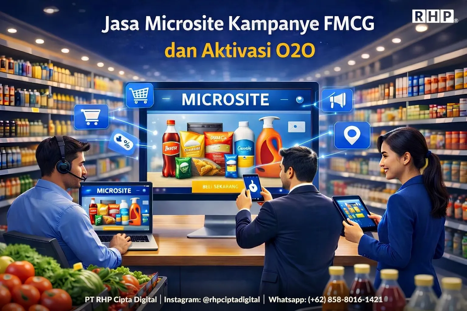 Ilustrasi microsite kampanye FMCG untuk aktivasi O2O di lingkungan supermarket