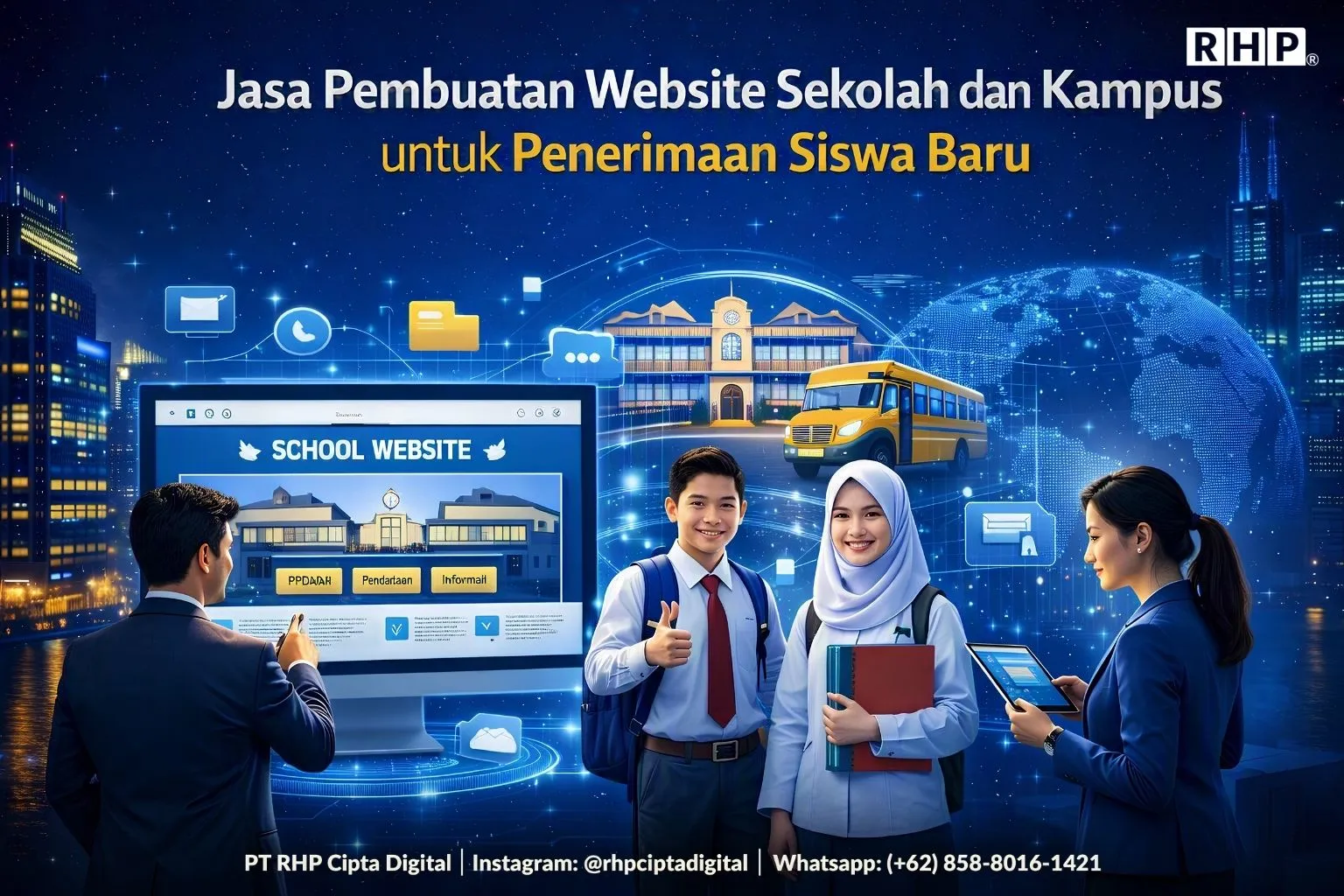 Ilustrasi website sekolah dan kampus untuk penerimaan siswa baru bersama siswa dan staf sekolah