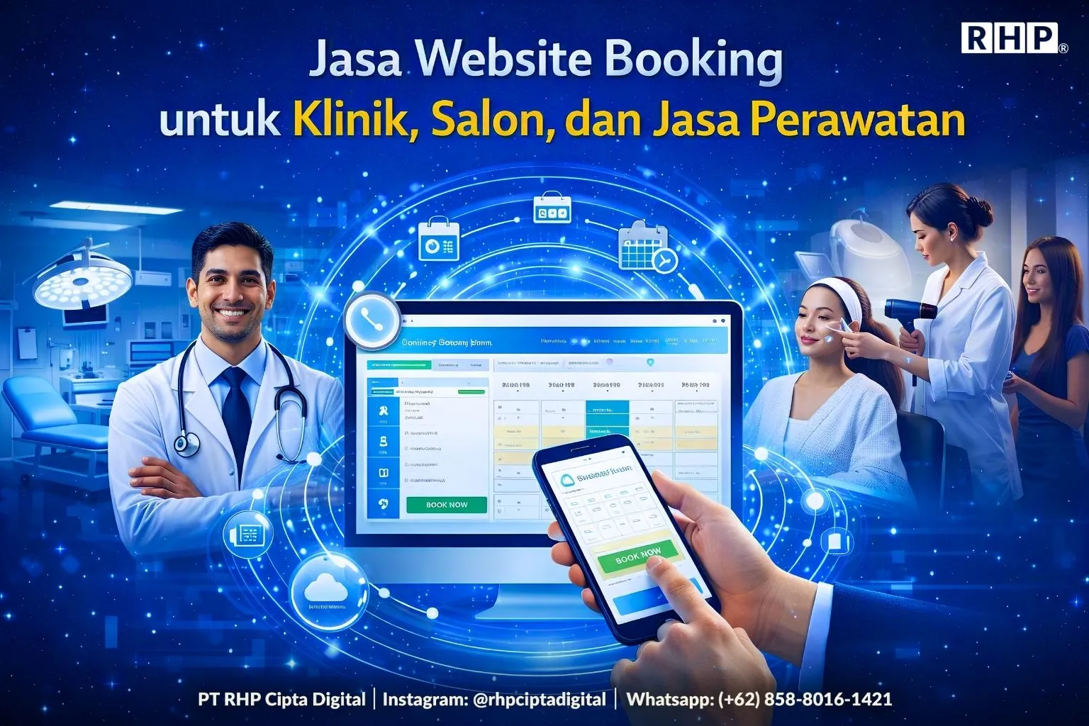 Ilustrasi website booking online untuk klinik dan salon yang diakses dari komputer dan ponsel