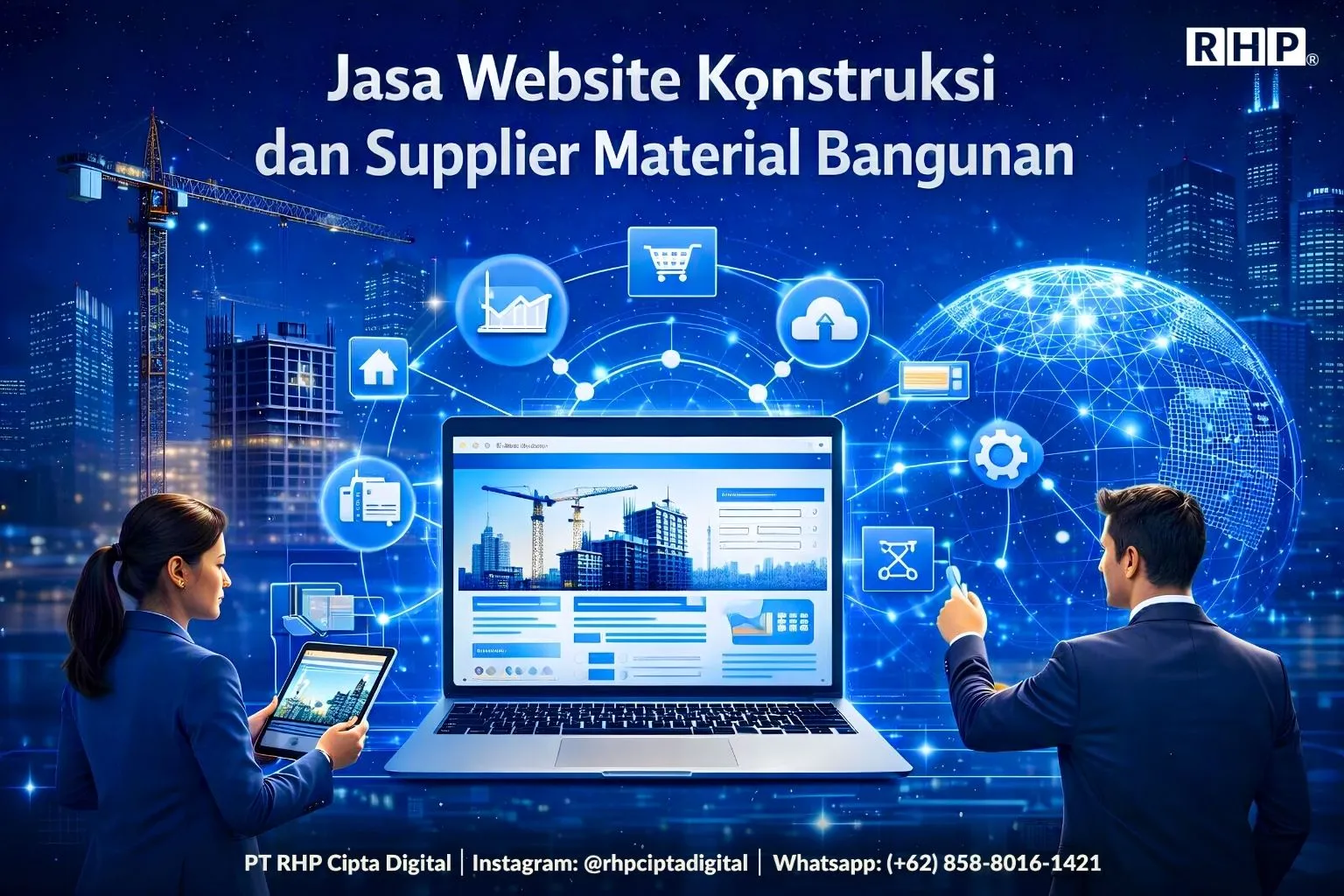 Jasa Website Konstruksi dan Supplier Material Bangunan Ilustrasi website perusahaan konstruksi dan supplier material bangunan dengan latar proyek gedung