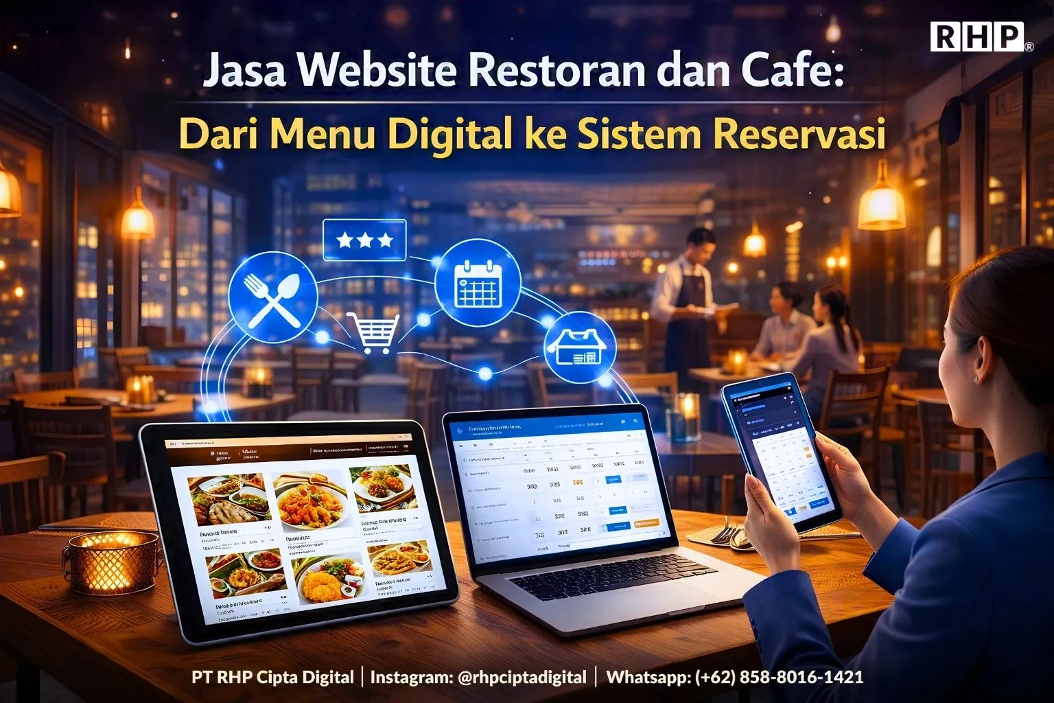 Jasa Website Restoran dan Cafe: Dari Menu Digital ke Sistem Reservasi Ilustrasi website restoran dan cafe dengan menu digital dan sistem reservasi di tablet dan ponsel