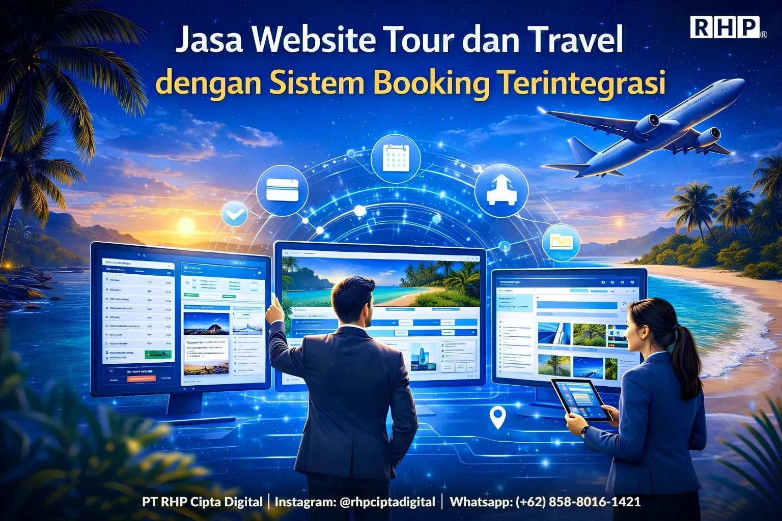 Ilustrasi website tour dan travel dengan sistem booking terintegrasi berlatar pantai tropis